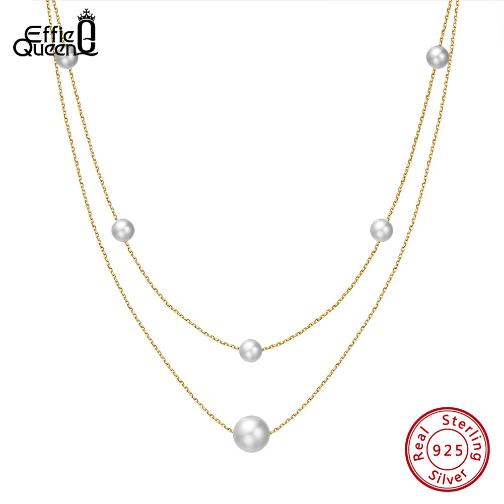 

EFFIE QUEEN 925 Sterling Silver Layered Pearl Necklace for Women 14K Gold Natural Baroque Pearl Choker Necklaces Jewelry GPN31