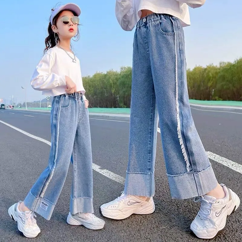 

Fashion Kids Teen Girls Jeans Spring Autumn Casual Denim Wide Leg Pants Girl Trousers For 3-12 Years Children Clothing 2023 New