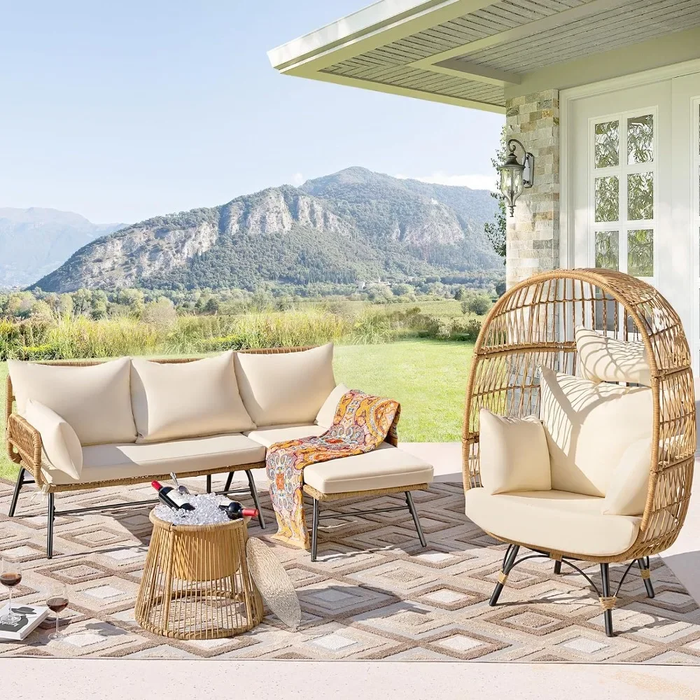 3/4/5 Piece Boho Outdoor Patio Furniture Sets with Egg Chair and Ice Bucket, Small L Shape Wicker Conversation Sectional Sofa
3/4/5 Piece Boho Outdoor Patio Furniture Sets with Egg Chair and Ice Bucket, Small L Shape Wicker Conversation Sectional Sofa