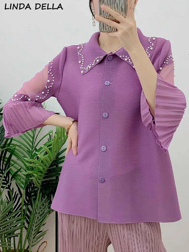 LINDA DELLA Summer Fashion Runway Purple Vintage Big Size Shirt Women Turn-down Collar Beading Button Ruffles Pleated Shirt Coat
LINDA DELLA Summer Fashion Runway Purple Vintage Big Size Shirt Women Turn-down Collar Beading Button Ruffles Pleated Shirt Coat
