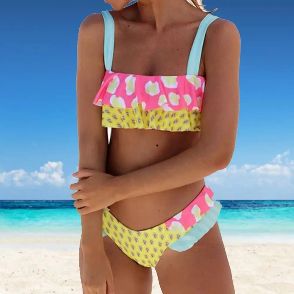 

2 Pcs/Set Swimwear Set Sweet Print Flounce Edge Padded Summer Bikini Set for Beach