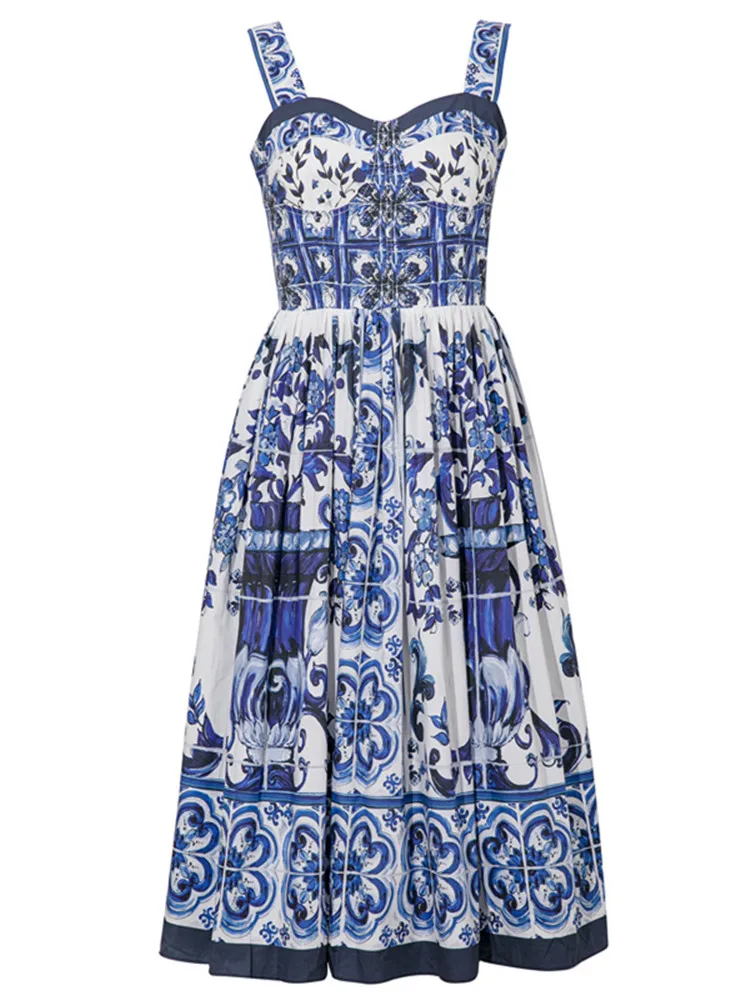 

Summer Hoiday Blue And White Porcelain Flower Printing Cotton Dress Women Spaghetti Strap Zipper Elastic Backless Midi Vestidos