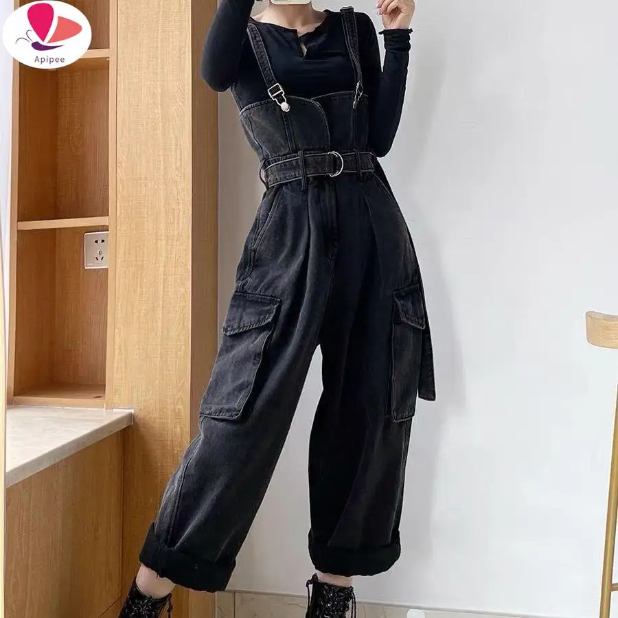 

APIPEE Denim Jumpsuits Women High Waisted Cargo Trousers Streetwear Teens Personal Hipsters Pure Big Pockets Washed Clothes