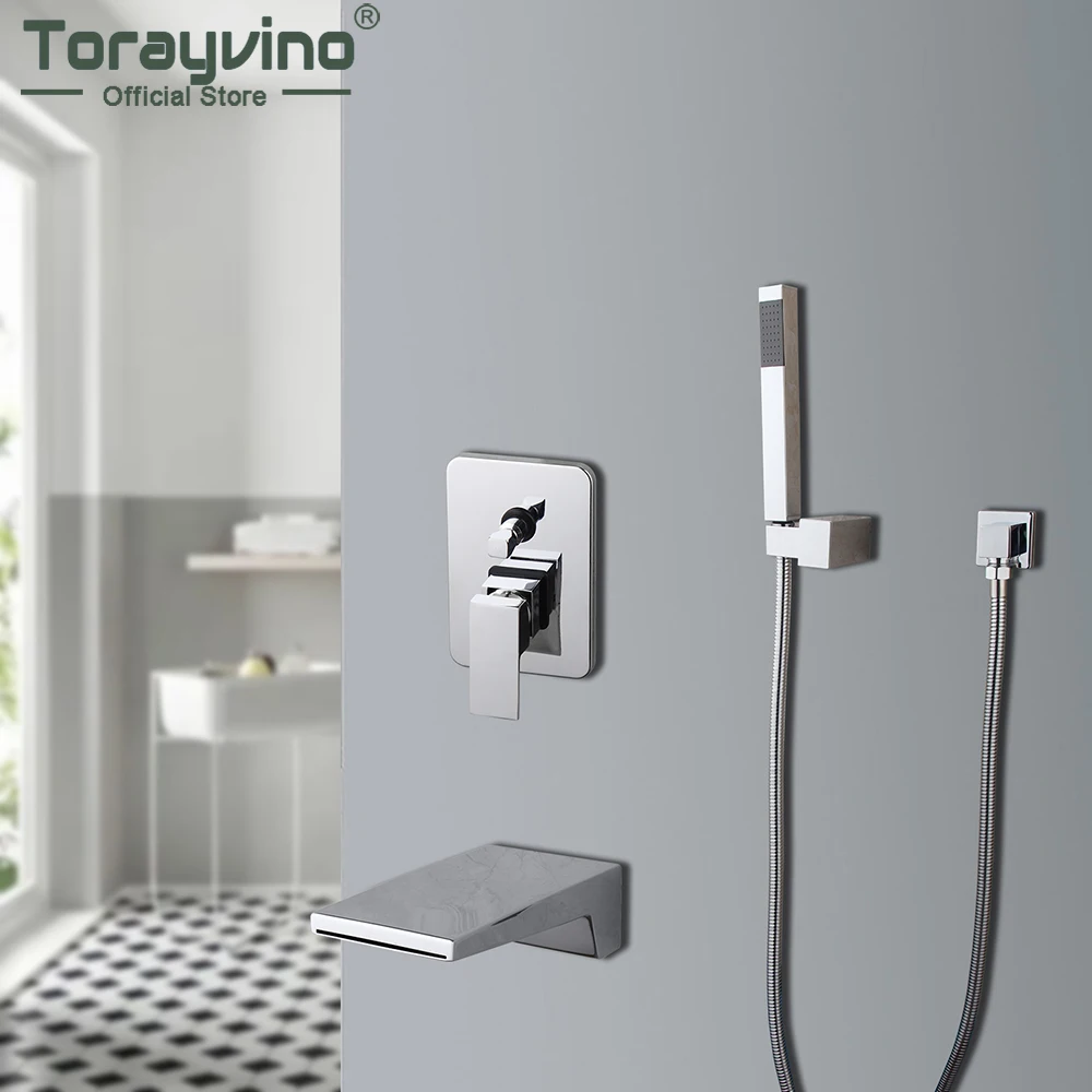 

Torayvino Chrome Polished Bathroom Vanity Basin Single Handle Waterfall Spoutr Bathtub Faucet Wall Mounted Mixer Water Tap