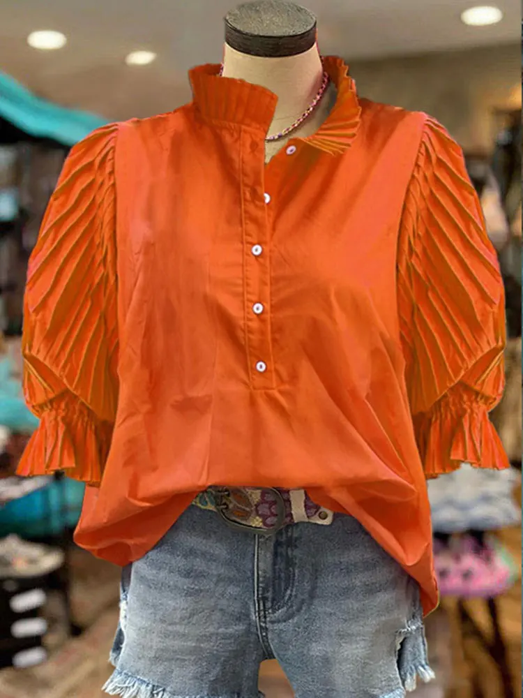 

Cotton Pleated Sleeves Paneled Casual Blouse shirts for women