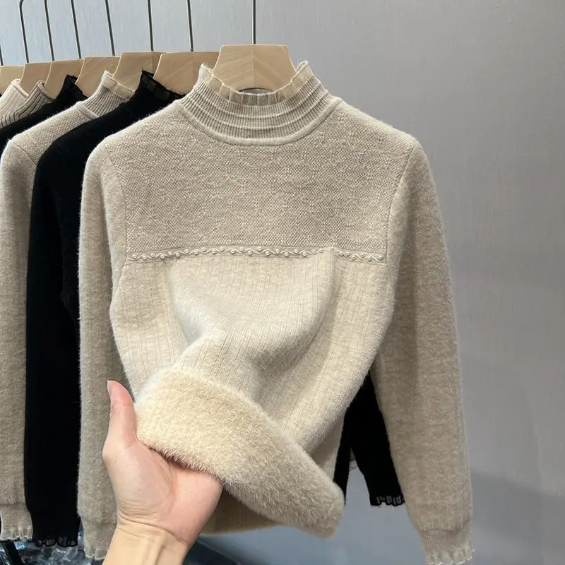 

2023 New Fall Winter Fleece Undershirt Women Thermal Sweater Half-turtleneck Thickened Pullovers Sliming Lace Plushing Knitwear