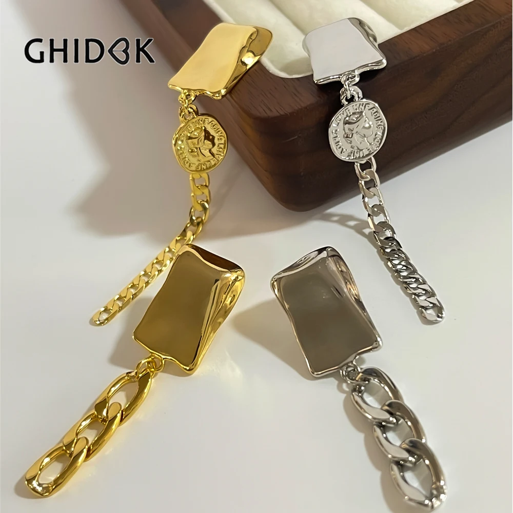 

GHIDBK Gold Plated Thick Rectangle Bar Coin and Long Chain Drop Earrings Women Geometric Asymmetric Earrings Jewelry Fashion