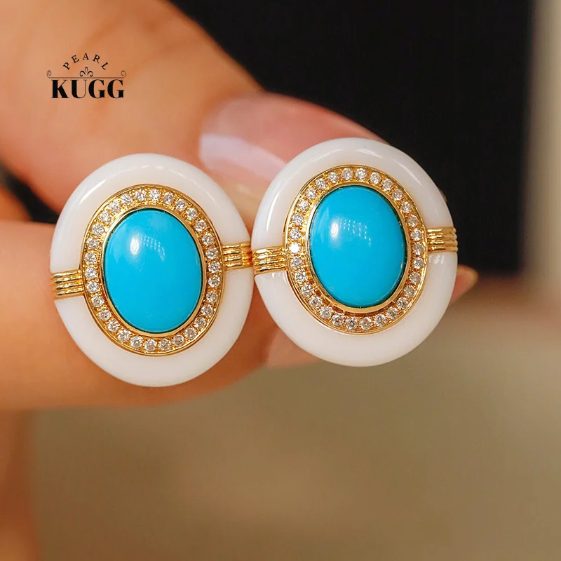 

KUGG 18K Yellow Gold Earrings Vintage Style Real Natural Turquoise Elegant White Ceramic Gemstone Earrings for Women Wedding