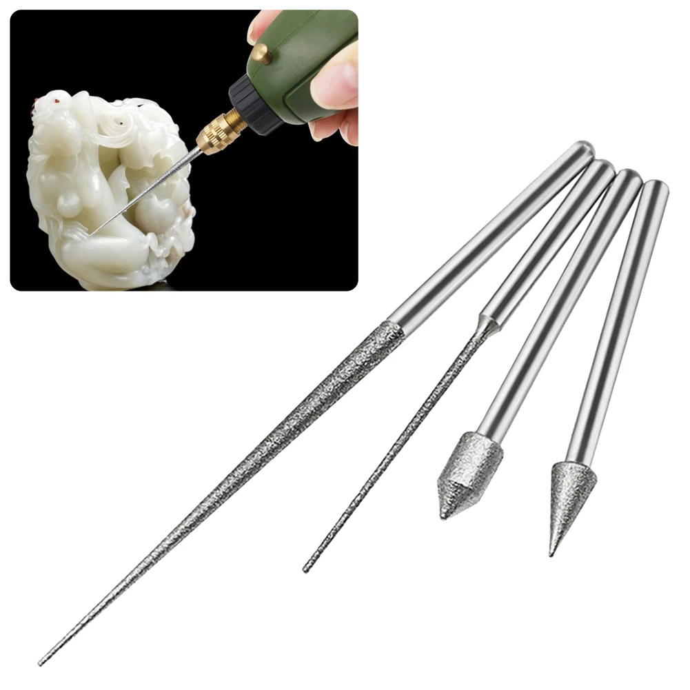 

4pcs 3mm Shank Carving Needle Grinding Rod Drill Diamonds Engraving Drilling Diamonds Tip Reamer Needle Rotary Power Tools