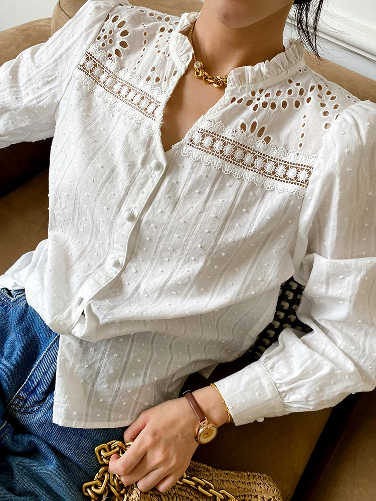 

GypsyLady French Elegant Chic Shirt Blouse Dobby White Cotton Hollow Out Long Sleeve Women Autumn Spring Office Sexy Ladies Tops