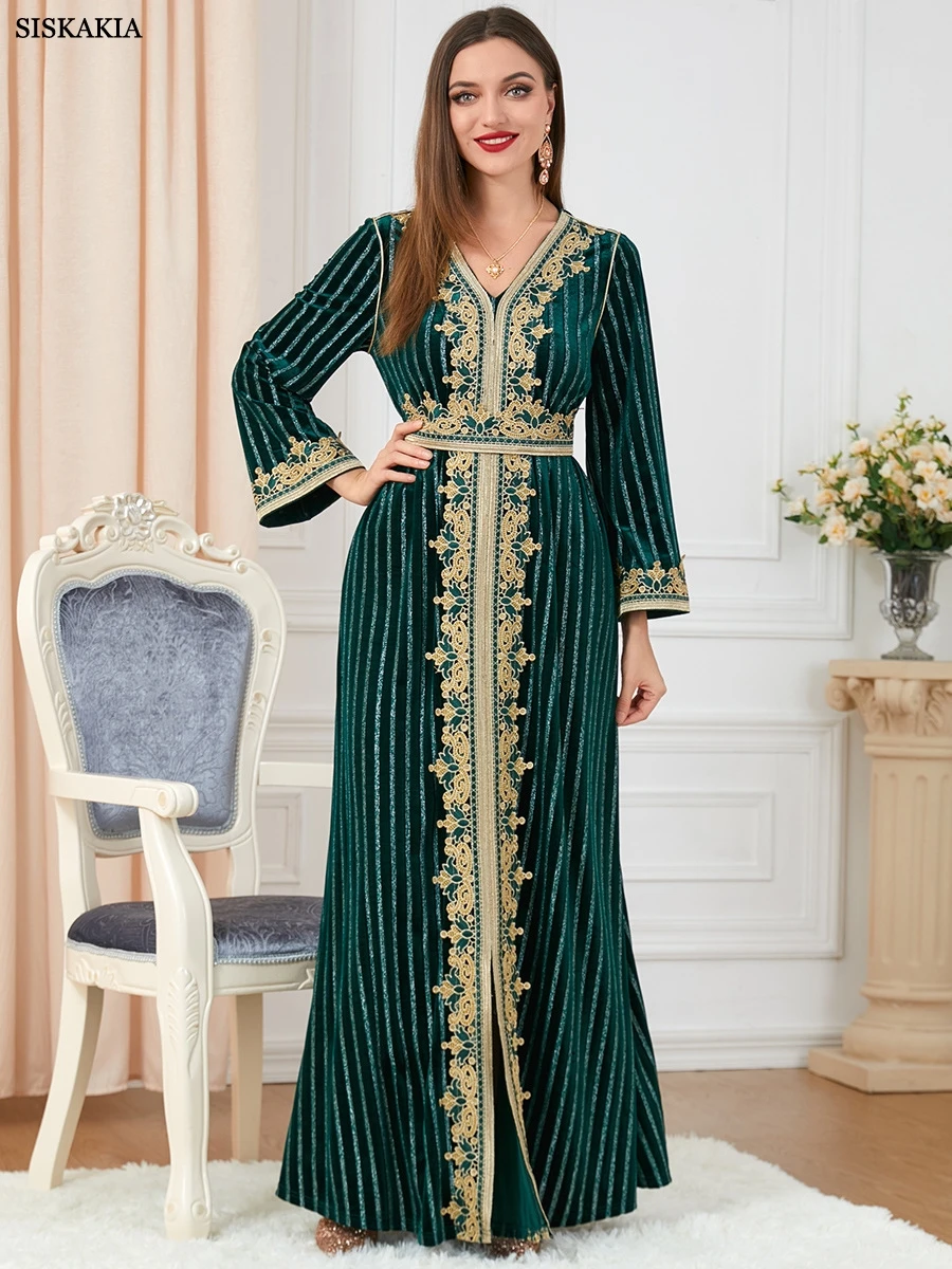 Siskakia Sudanese Dubai Autumn Winter Velvet Tape Trim Dress For Women Party Arab Fashion Striped Full Sleeve Belted Gown
Siskakia Sudanese Dubai Autumn Winter Velvet Tape Trim Dress For Women Party Arab Fashion Striped Full Sleeve Belted Gown