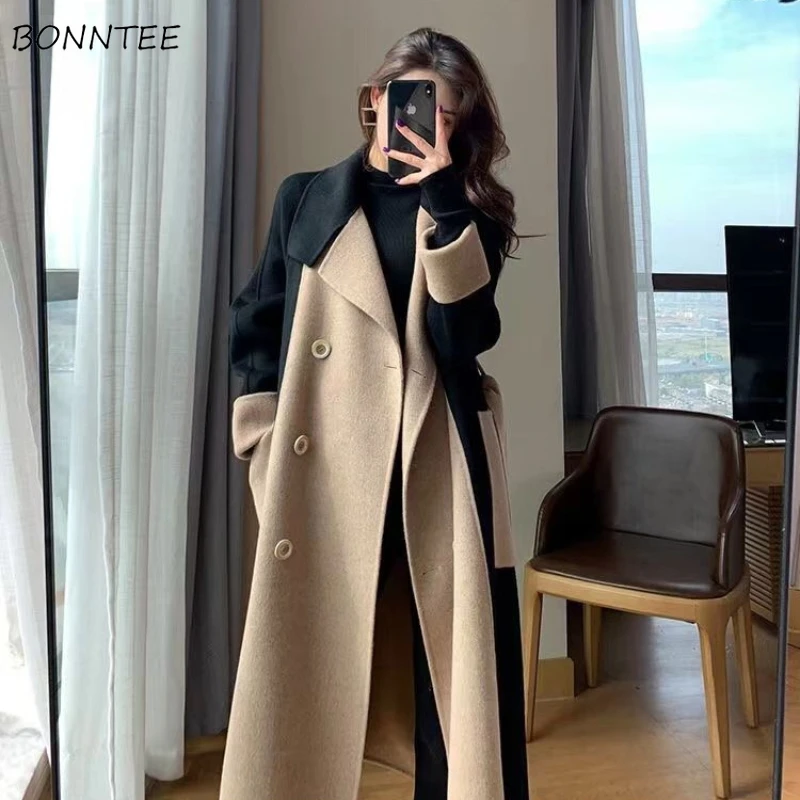 

Woolen Coat Women Jacket Autumn Winter Color Block Belted Elegant Long Two-sided Slim Female Turn-down Collar Simple Chic Basic