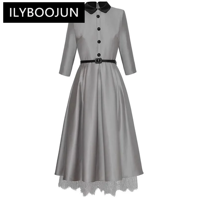 

ILYBOOJUN Fashion Runway dress Spring Summer Woman's Dress Three Quarter Sleeve Lace-up Patchwork Lace Commuter Elegant Dresses