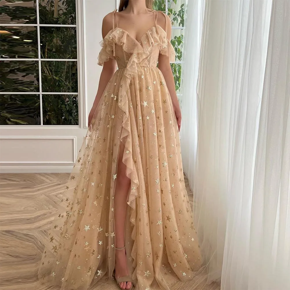 Sevintage Champange Starry Tulle Prom Dresses Off the Shoulder Side Split Saudi Arabic Women A-Line Formal Evening Party Gowns
Sevintage Champange Starry Tulle Prom Dresses Off the Shoulder Side Split Saudi Arabic Women A-Line Formal Evening Party Gowns