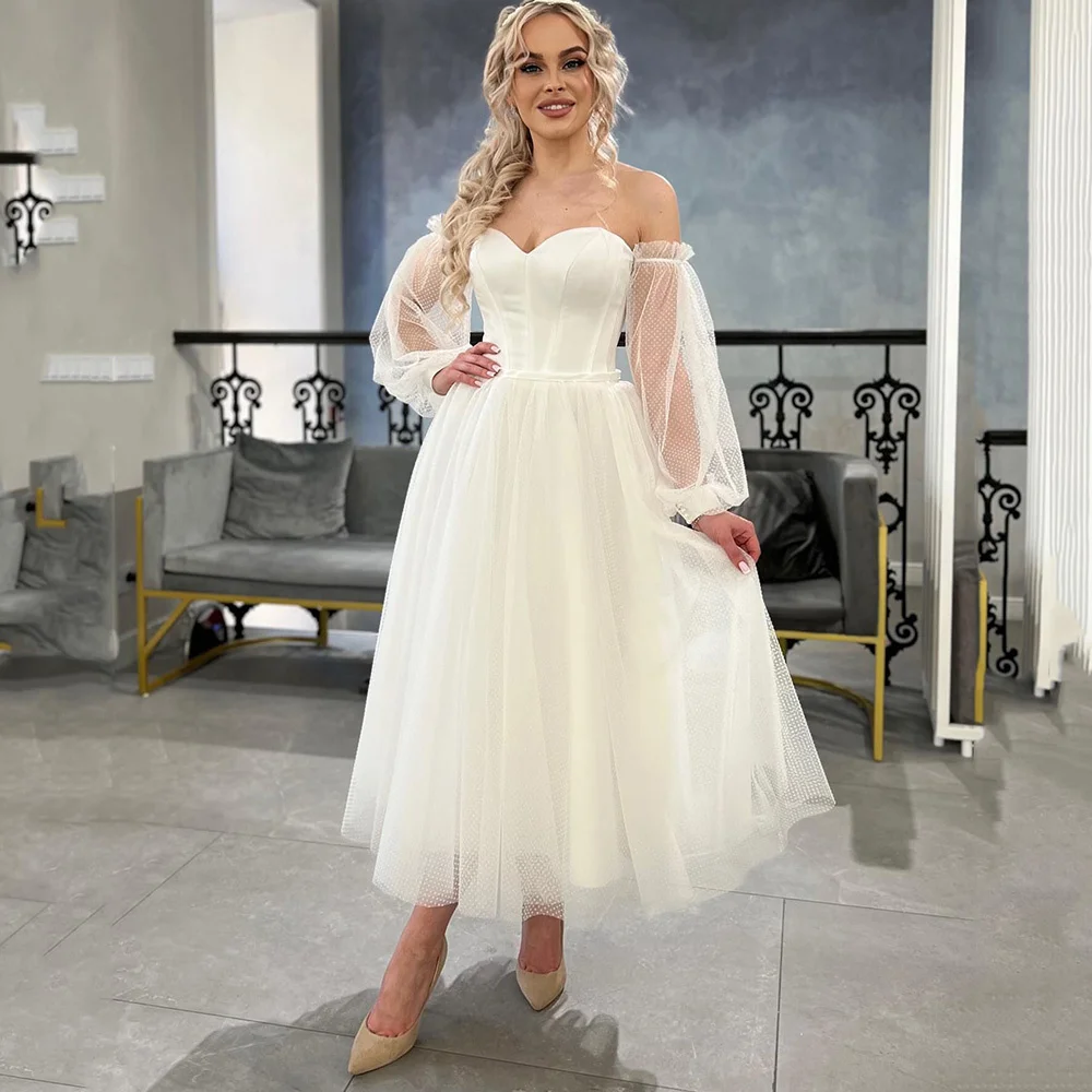 

Modest Dots Tulle Short Wedding Dresses 2022 Puff Long Sleeve Bride Dress Tea Length Wedding Gowns Sweetheart Women Couture Boda
