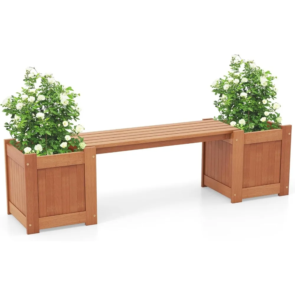 

Garden Bench, 2-in-1 Bench with 2 Raised Garden Beds, Hardwood with Teak Oil Finish, Planter Boxes with Open-Ended Base, Bench