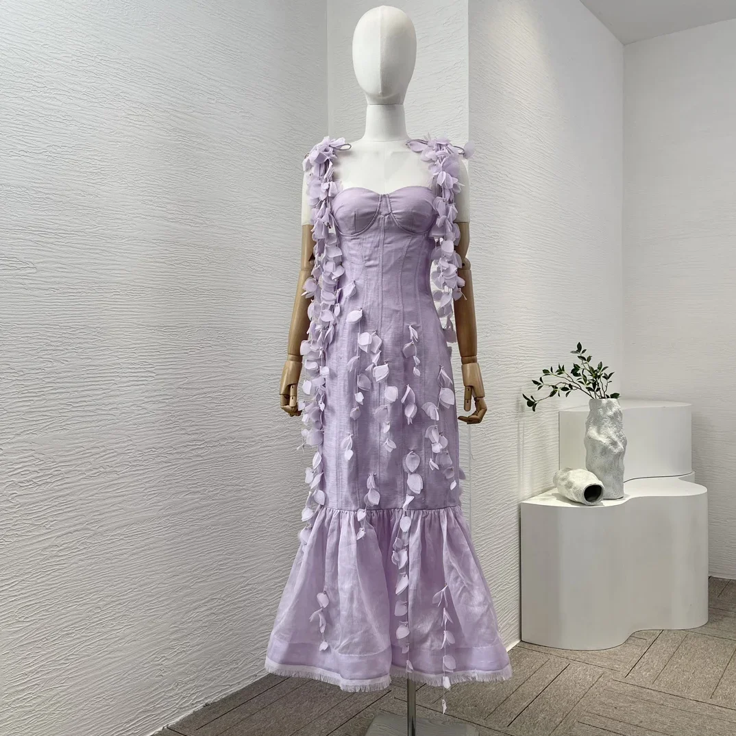 

2024 New Arrivals Women Silk Linen Violet Purple Sleeveless Petal Decoration Patchwork Midi Mermaid Dress