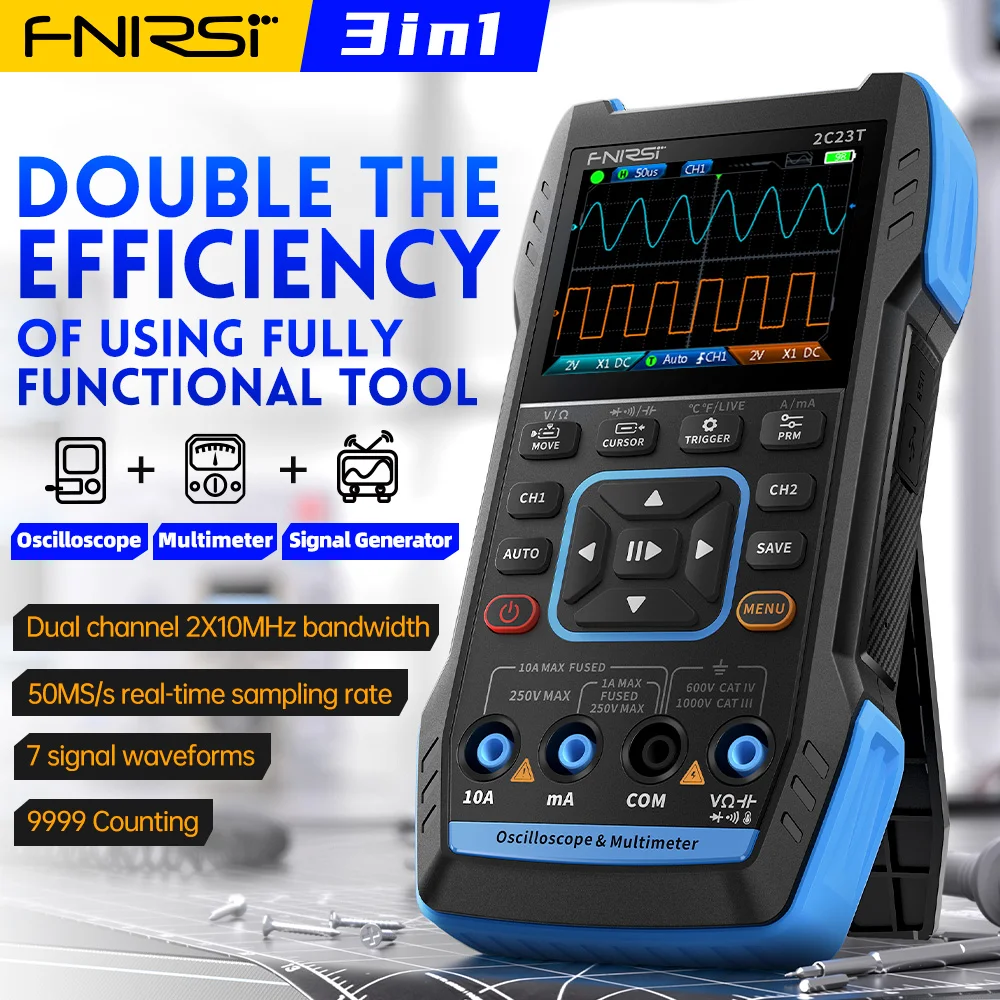 

FNIRSI 2C23T Handheld Digital Oscilloscope Multimeter + Function Signal Generator 2023 Latest 3IN1 Dual Channel 10MHZ*2 50MS/s