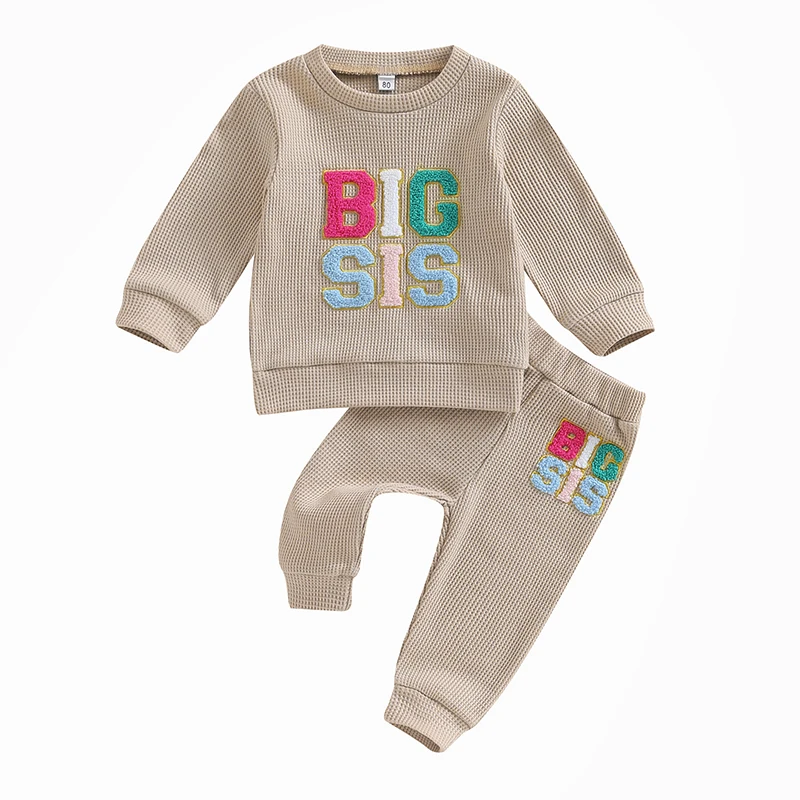 

Toddler Infant Baby Girl Fall Outfit Sis Letter Embroidery Waffle Long Sleeve Sweatshirt Pants 2Pcs Clothes Set
