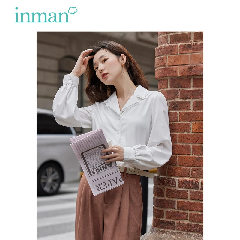 

INMAN Women Blouse 2023 Autumn Bishop Sleeve Hollow Lace Cuban Collar Loose Shirts Wrinkle Resistant Fabric Elegant Tops