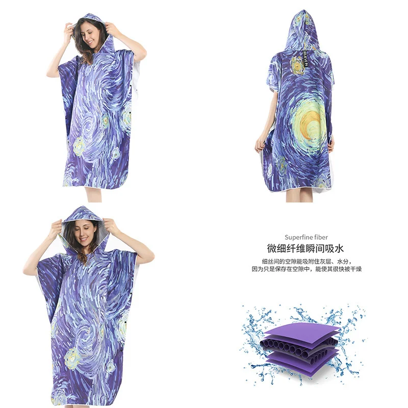 

Soft Microfiber Beach Towel Quick Dry Hooded Cloak Adult Women Large Bath Towels Sand Free Poncho Bathrobe for Summer Swim Surf