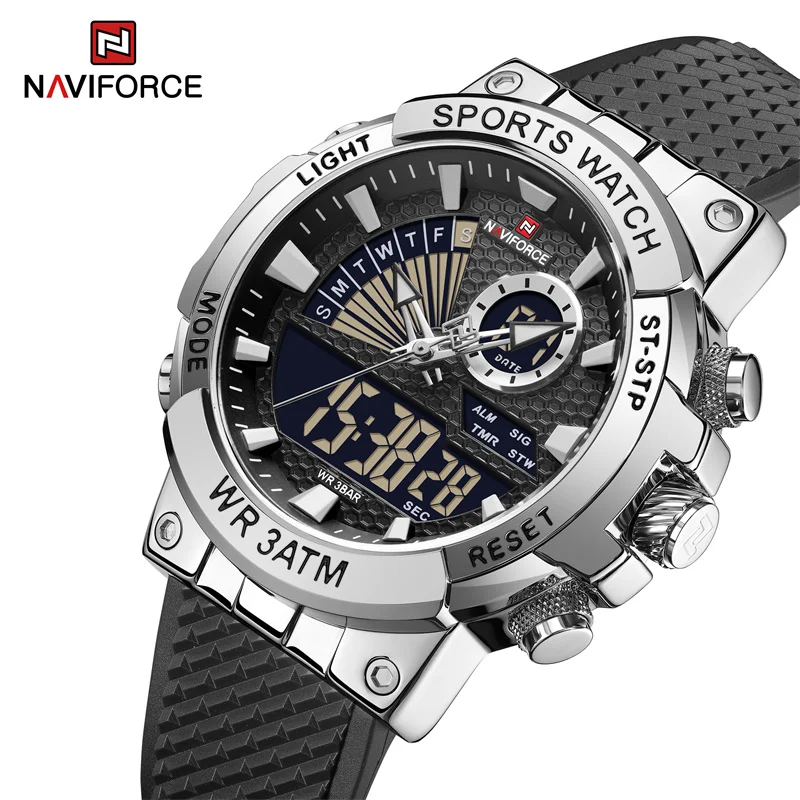 

Часы наручные NAVIFORCE Мужские кварцевые цифровые, модные водонепроницаемые с ремешком из ТПУ, с будильником и хронографом, с двойным дисплеем