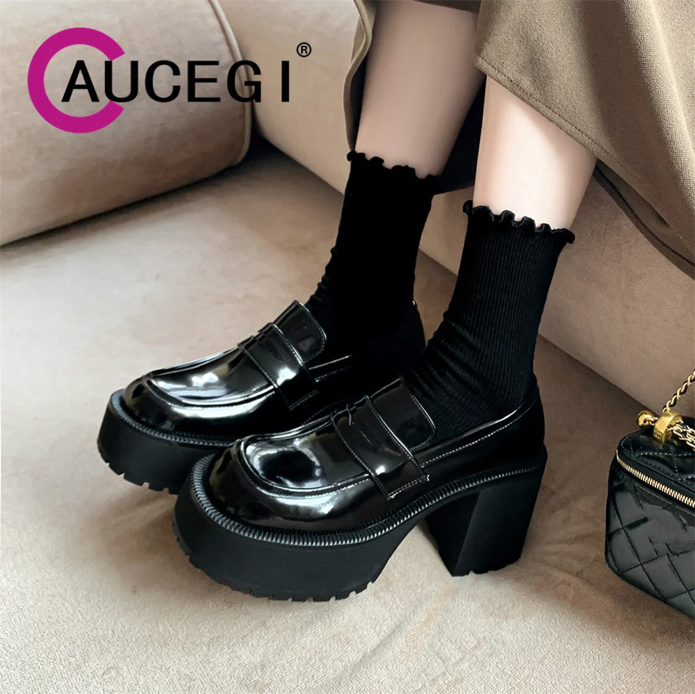 

Aucegi Brand Fashion Women's Pumps 2024 Loafers Shoes Platform Thick Heels Round Toe College Student British Style Walking Shoes