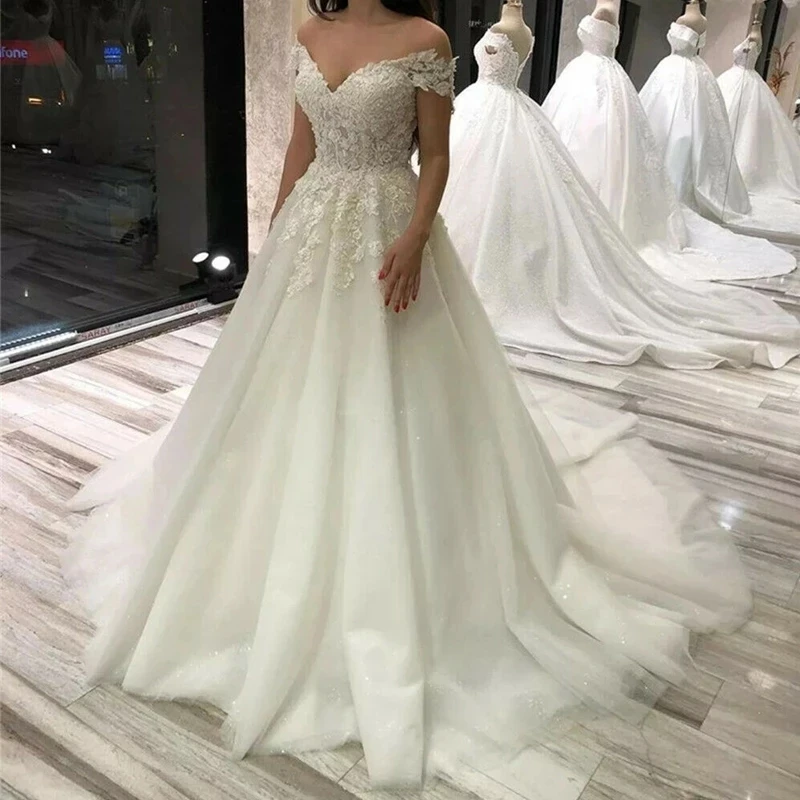 

Свадебные платья с открытыми плечами Vestido De Noiva сердечком Модное бальное платье с аппликацией со шлейфом