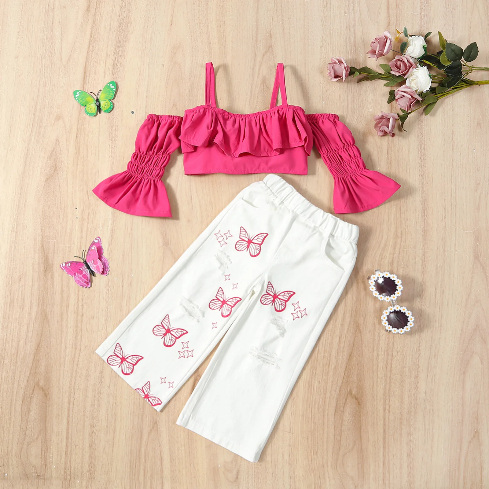 

New Summer Kids Clothes Sets Baby Girls Solid Off Shoulder Sling Crop Top + Butterfly Print Loose Pants Toddler Casual Clothing