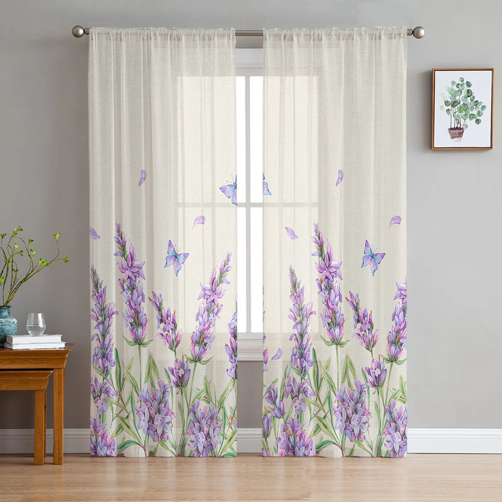 

Watercolor Lavender Flower Butterfly Sheer Curtains for Living Room Bedroom Home Decor Kitchen Tulle for Windows Voile Drapes