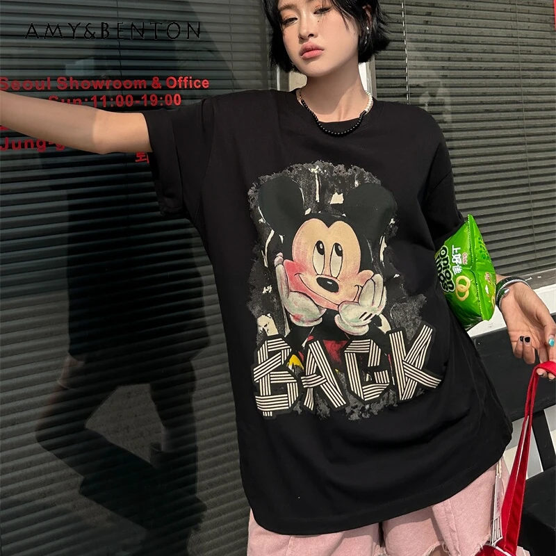 

Potdemiel 2024 Summer Retro Letter Cartoon Printed Short-Sleeve T-shirt Women's Loose Casual Design Sense Top Kawaii Pullovers