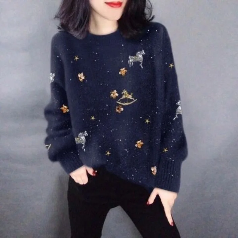 Pullover Heavy Industry Design Feeling Sequins Fashionable Sweater Women Autumn and Winter Korean Pullover Knitwear Sweater Top
Pullover Heavy Industry Design Feeling Sequins Fashionable Sweater Women Autumn and Winter Korean Pullover Knitwear Sweater Top