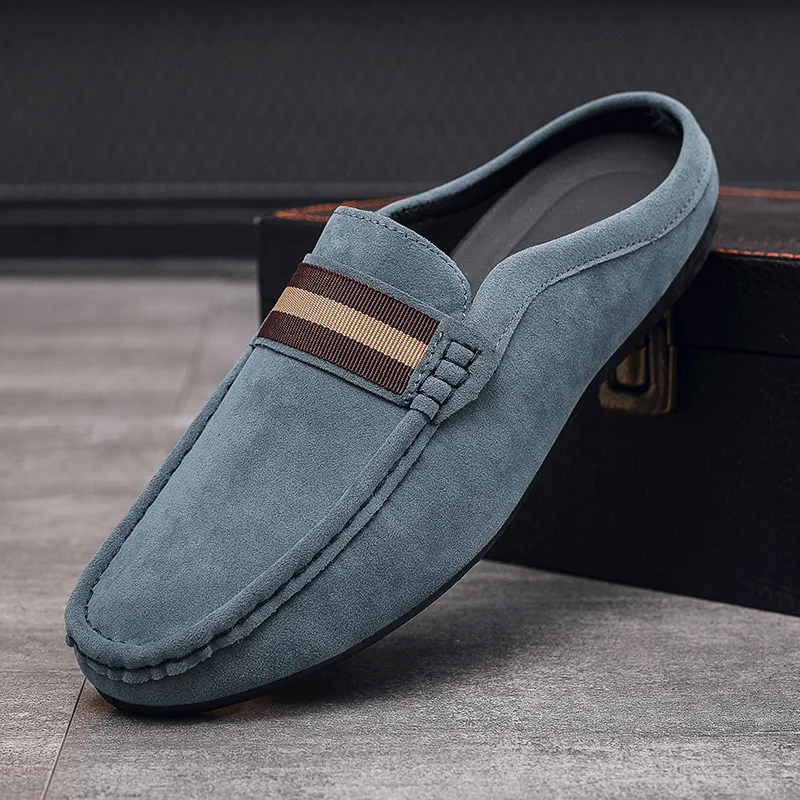 

Summer Mules Suede Leather Half Shoes For Men Casual Mens Penny Loafers Slipper Slip On Flats Lazy Driving Shoes Man Moccasin