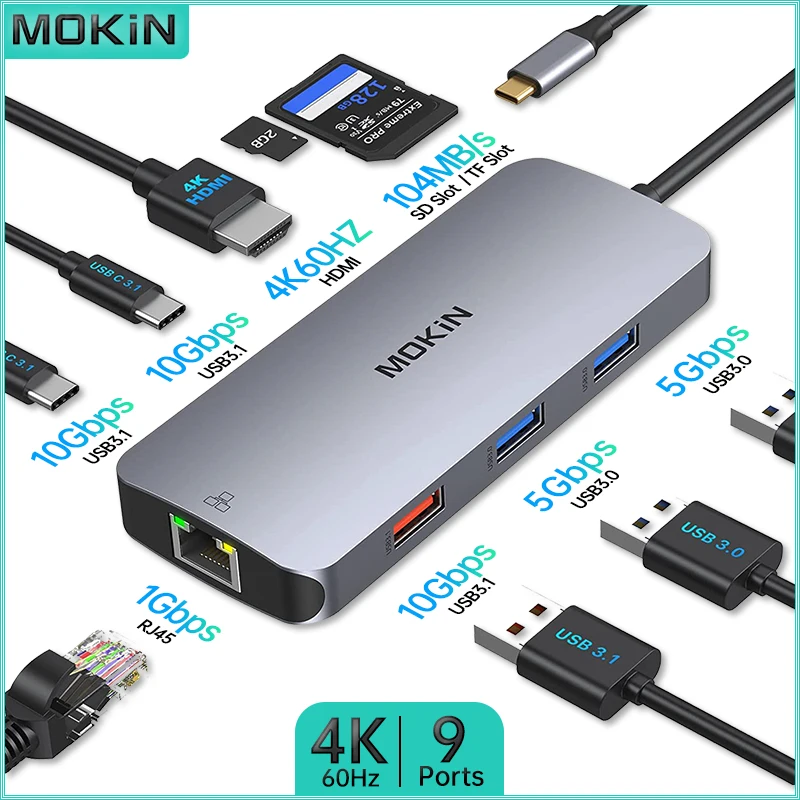 MOKiN 9 in 1 Docking Station for MacBook Air/Pro, iPad, Thunderbolt Laptop - USB3.1, Type-C 3.1, HDMI 4K60Hz, SD, TF, RJ45 1Gbps
MOKiN 9 in 1 Docking Station for MacBook Air/Pro, iPad, Thunderbolt Laptop - USB3.1, Type-C 3.1, HDMI 4K60Hz, SD, TF, RJ45 1Gbps