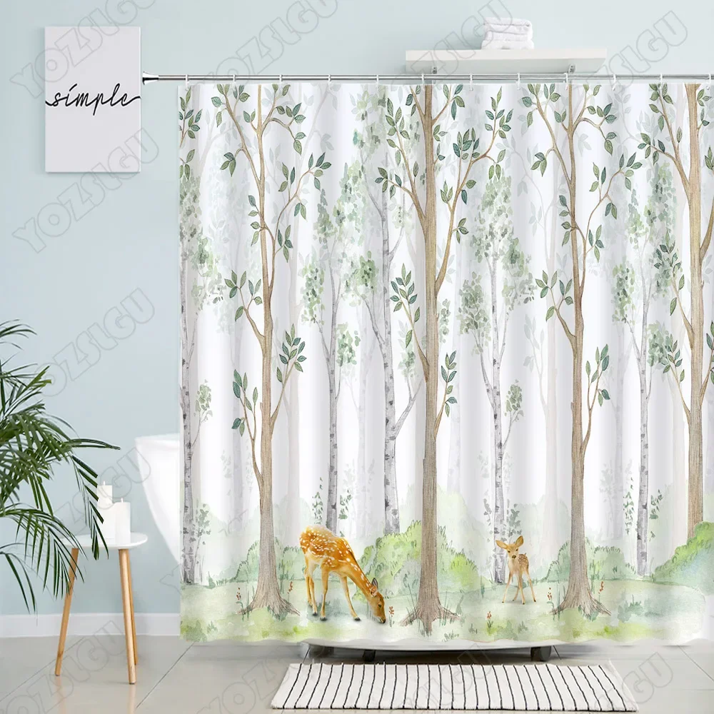 

Forest Animal Shower Curtains Trees Green Leaves Plants Deer Creative Print Bath Curtain Modern Fabric Home Bathroom Decor Sets