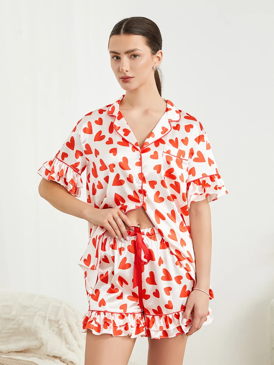 

Women s Satin Loungewear Set Heart Print Short Sleeve Notched Lapel Tops with Elastic Waist Shorts Ruffled Sleepwear