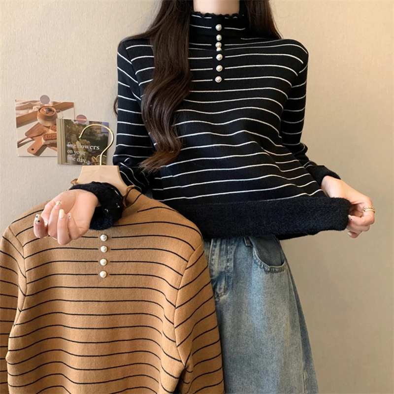

New Winter Turtleneck Bottoming Long Sleeve Top Korean Fashion Half High Neck Wood Ears Bright Silk Women Thickening Sweaters