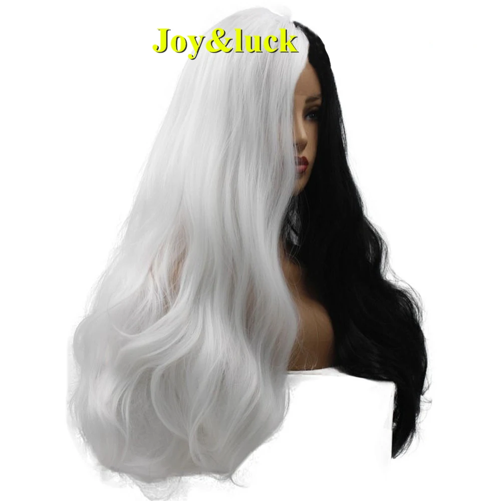 

Long Lace Front Wig Natural Wavy Synthetic Cosplay Wigs Half White Half Black Color 26inch Party Custome Wigs for Women