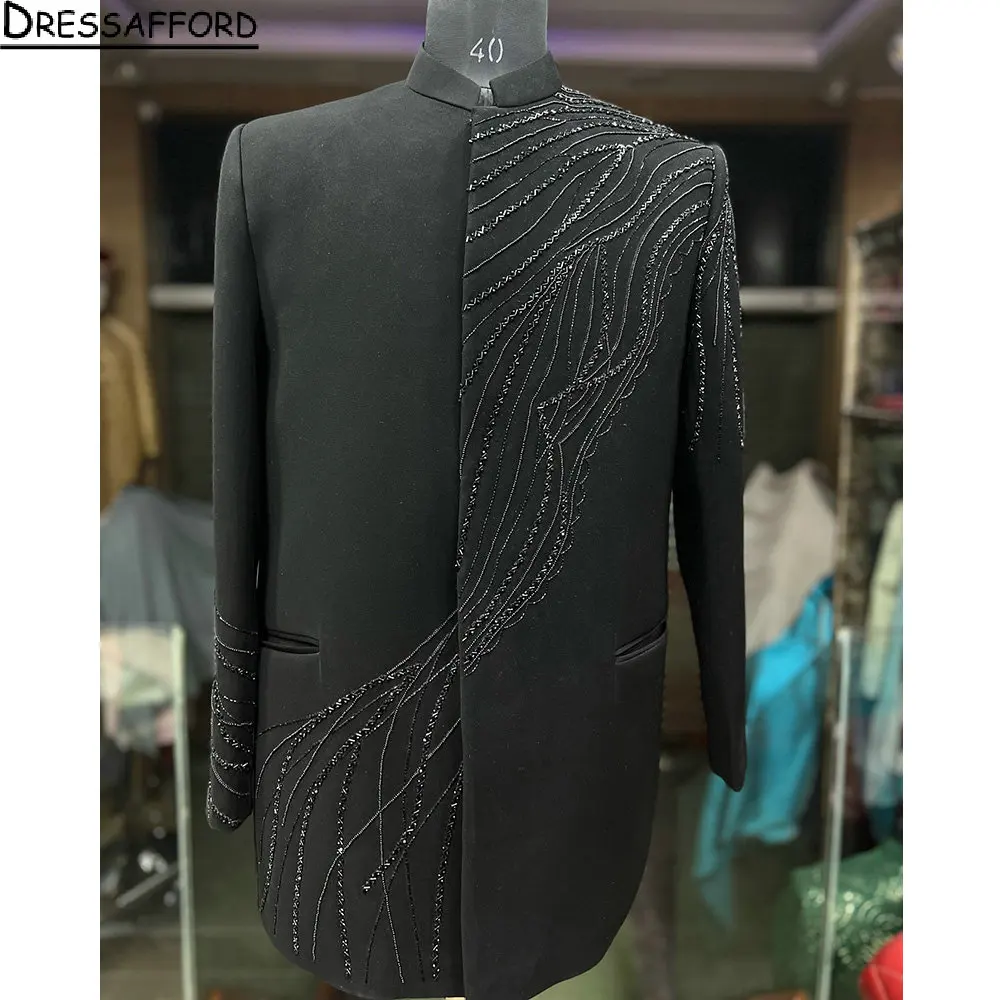 

Black Handmade Beading Men Suits Groom Wedding Tuxedos 2 Pieces Sets Dinner Prom Blazers Terno Masculino Completo