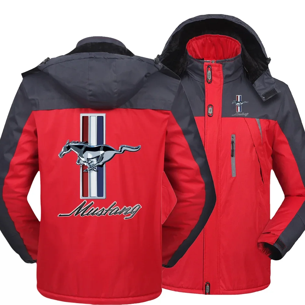 

New Winter Fashion Men's Mustang Logo Fleece Waterproof Jackets Thicken Hoodies Zipper Warm High Quality Outwear