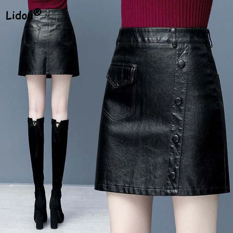 

Commute Fashion Solid Bag Hip Leather Skirt for Female Spring Autumn Button Patchwork Korean High Waist Skirts Women's Clothing
