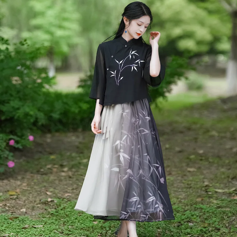 Elegant Summer Bamboo Forest Ink Printing Improved Chinese Style Elements Loose Elegant Retro Tops Skirt Hanfu Dress for Women
Elegant Summer Bamboo Forest Ink Printing Improved Chinese Style Elements Loose Elegant Retro Tops Skirt Hanfu Dress for Women