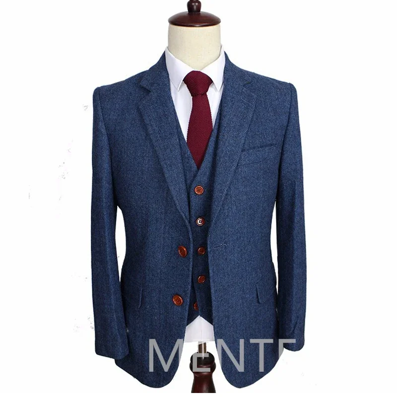 

Tweed Wool Men Suits for Business 3 Pieces Herringbone Formal Wedding Groom Tuxedo Notched Lapel Fashion Jacket Vest Pants 2024