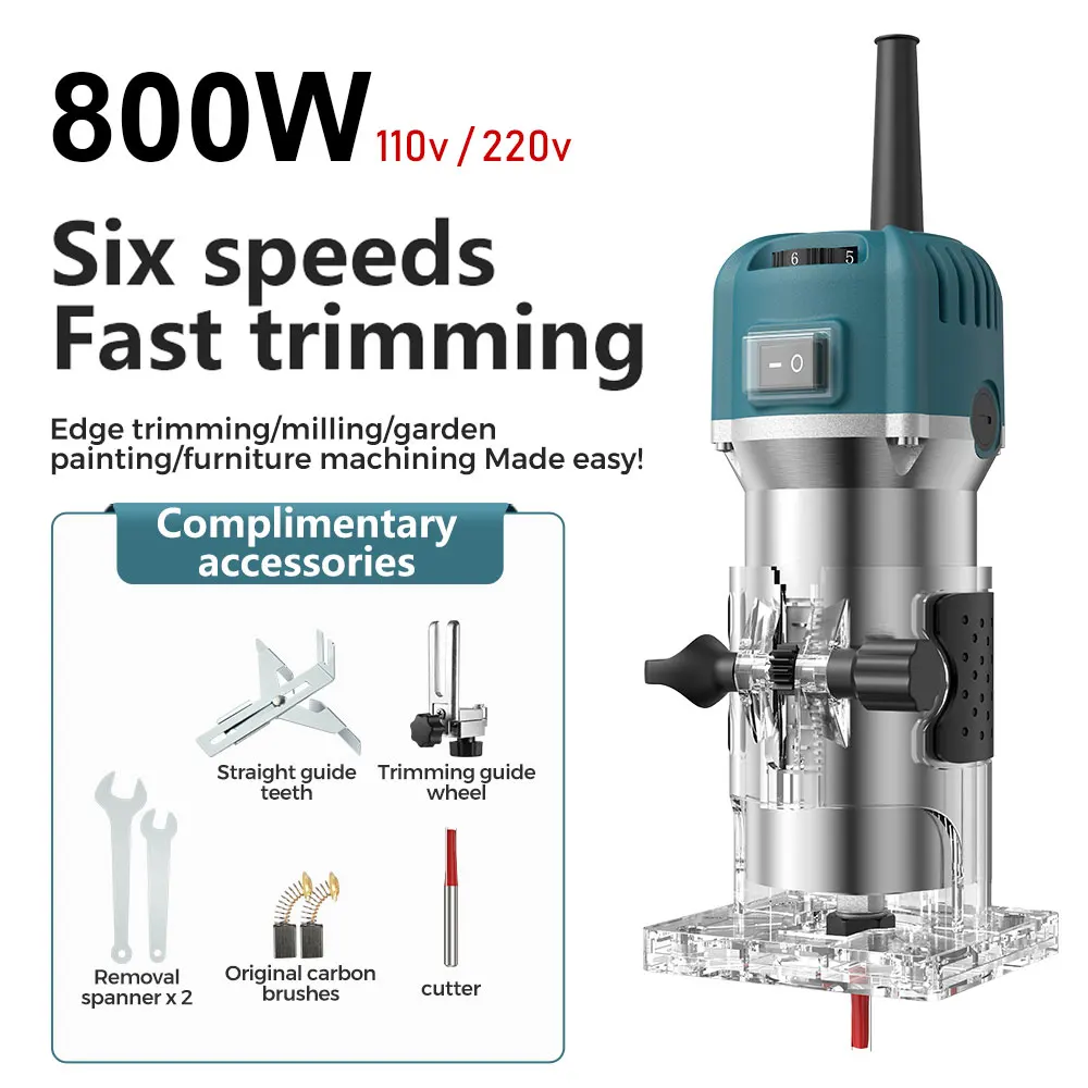 

800W Woodworking 6-Speed Electric Trimmer 30000 RPM Trimming Machine Wood Engraving Slotting Carving Router Slotting W/ Cutter