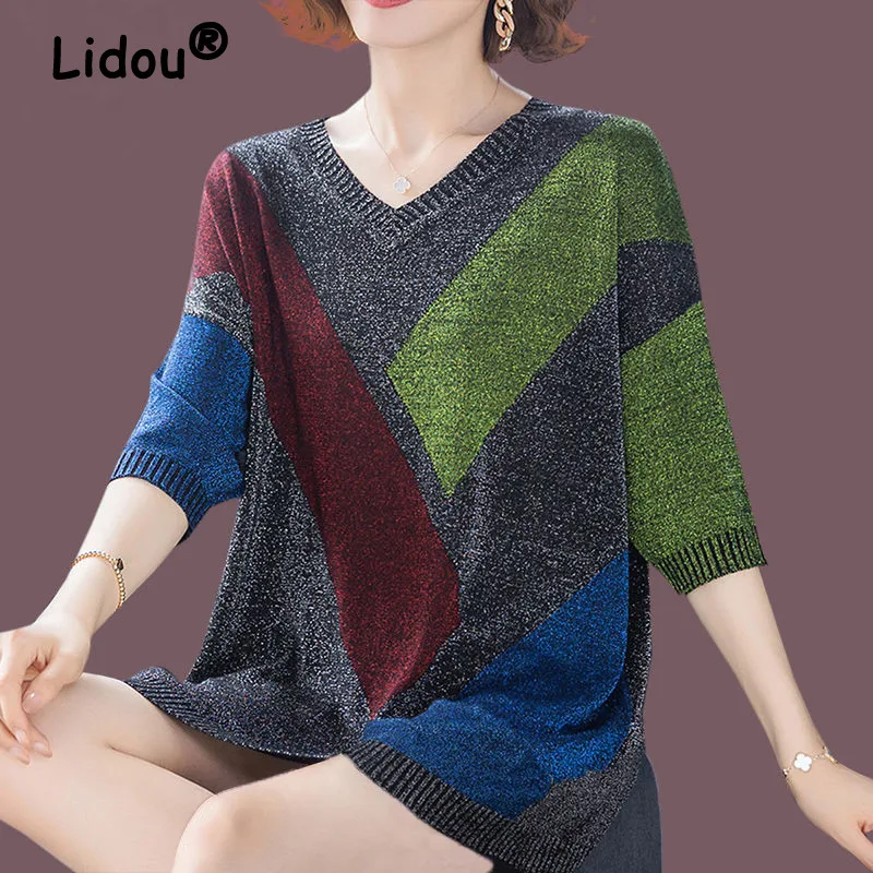 

Elegant Fashion Contrast Color Patchwork V Neck Half Sleeve Pullover Knitwears Women 2023 Spring Summer Loose Tunic Ladies Tops