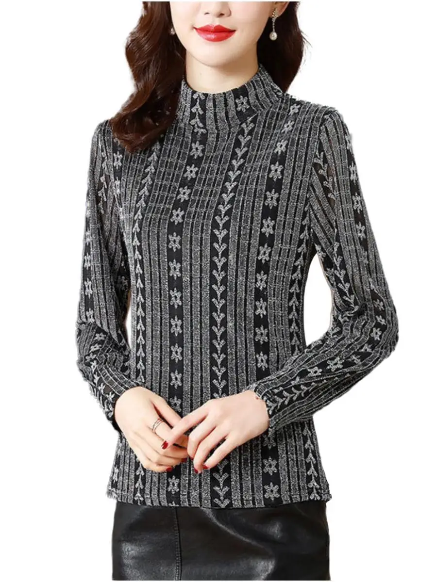 

3XL Keep Warm Women Spring Autumn Blouses Shirts Lady Fashion Casual Long Sleeve O-Neck Collar Sexy Lace Blusas Tops CT0790