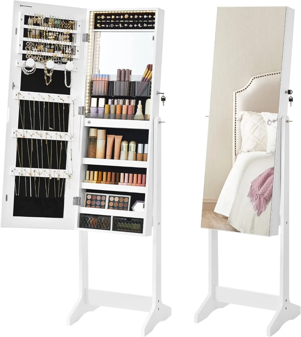 

SONGMICS Mirror Jewelry Cabinet Standing Armoire Organizer, Jewelry Storage with Full-Length Frameless LED Lights