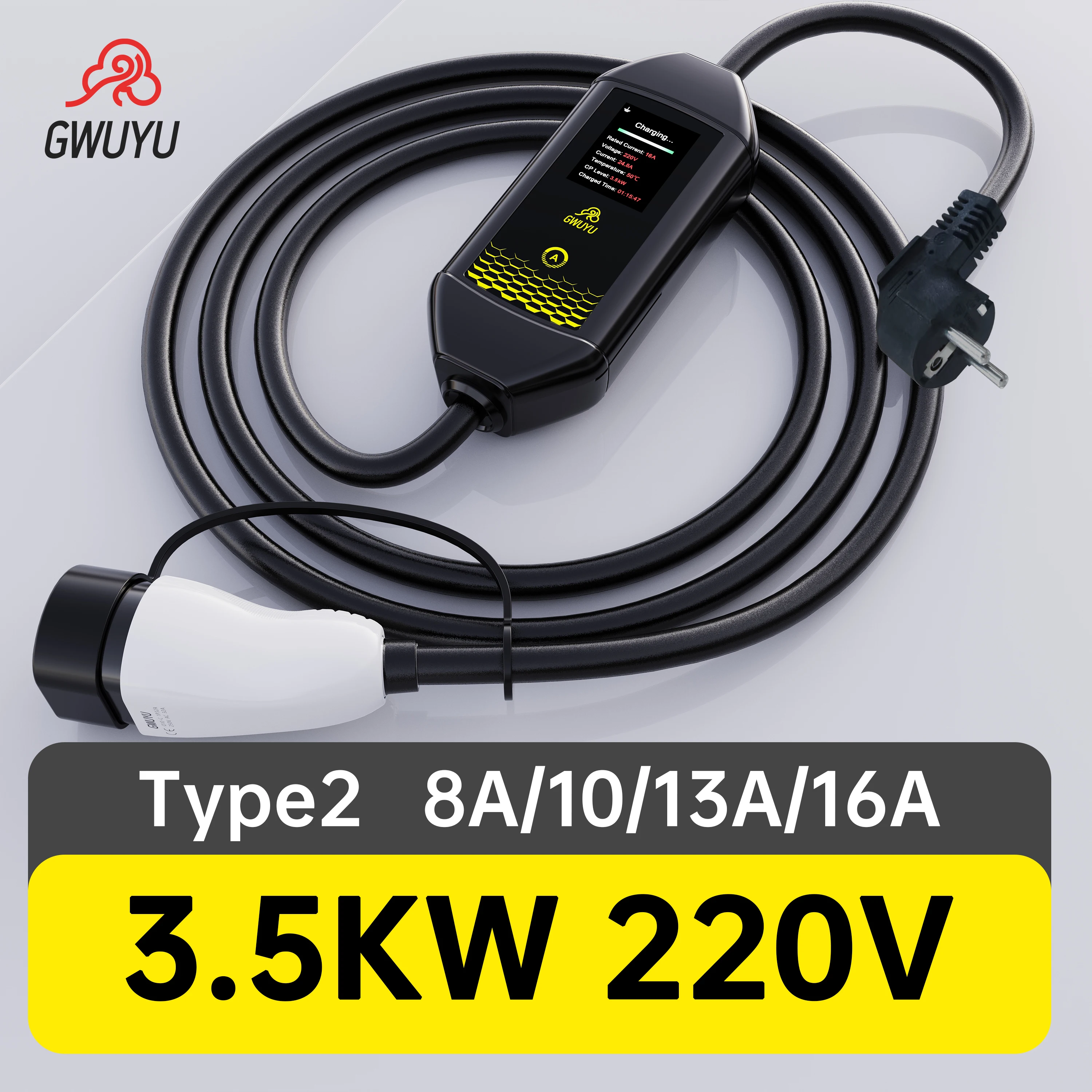GWUYU EV Charger 16A 3.5kw EVSE Portable Electric Vehicle Car Charging Station 220V with Type 2 Socket 3.5M Cable Light/LED
GWUYU EV Charger 16A 3.5kw EVSE Portable Electric Vehicle Car Charging Station 220V with Type 2 Socket 3.5M Cable Light/LED