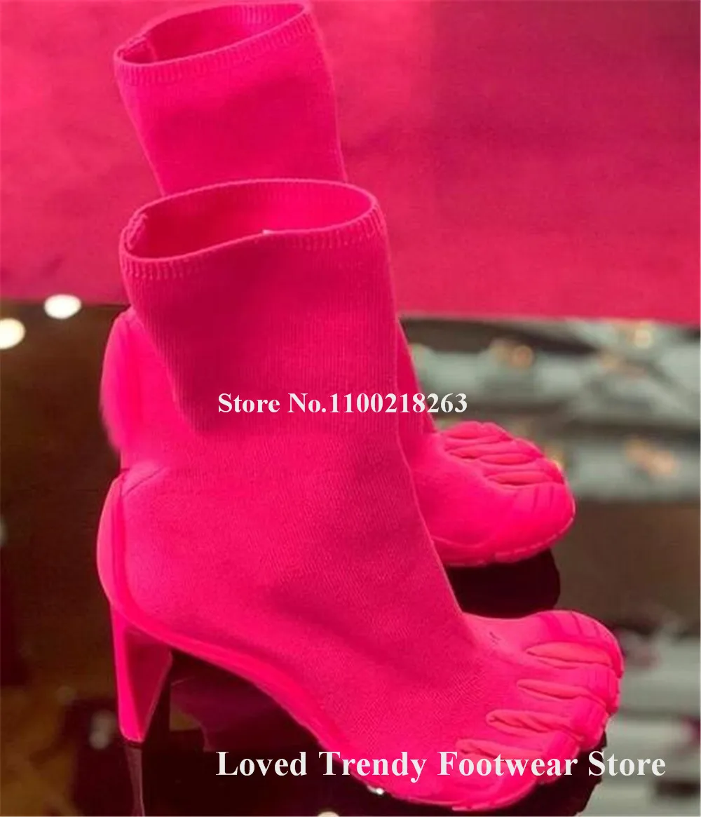 

Newest Five Figners Toe Sock Short Boots Women Unique Hot Pink Black White Strange Heel Ankle Booties Sexy Party Heels