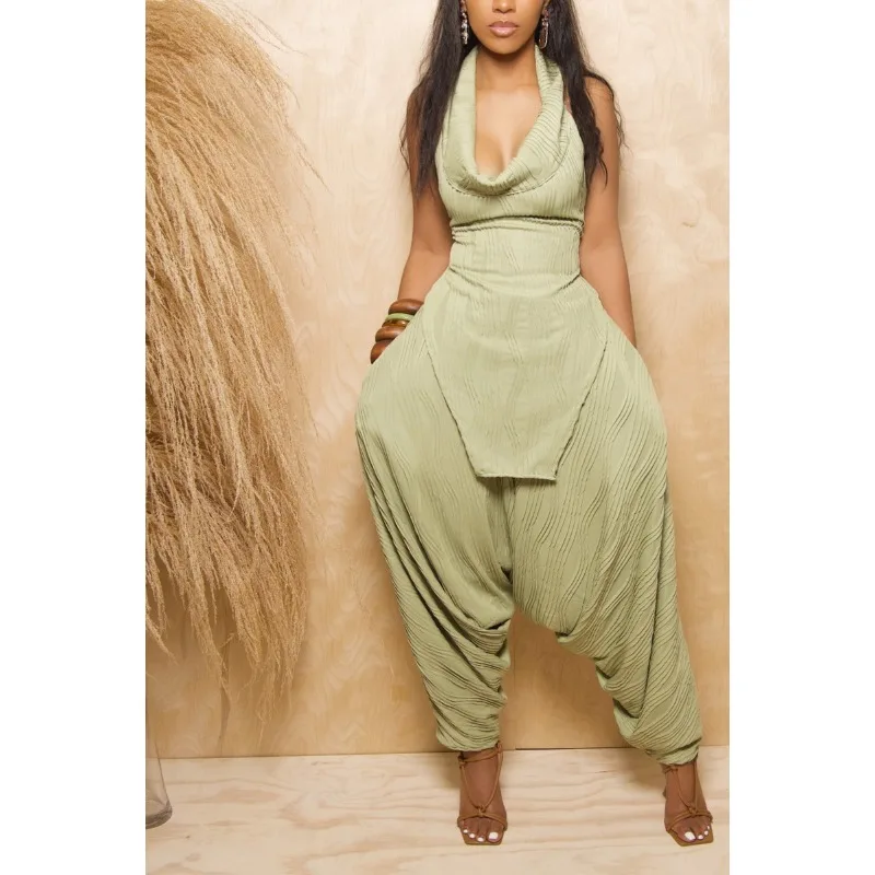 Solid Pleated Backless Casual Two Piece Set Women Swinging Collar Sleeveless Bandage Irregular Top High Waist Loose Harem Pants
Solid Pleated Backless Casual Two Piece Set Women Swinging Collar Sleeveless Bandage Irregular Top High Waist Loose Harem Pants